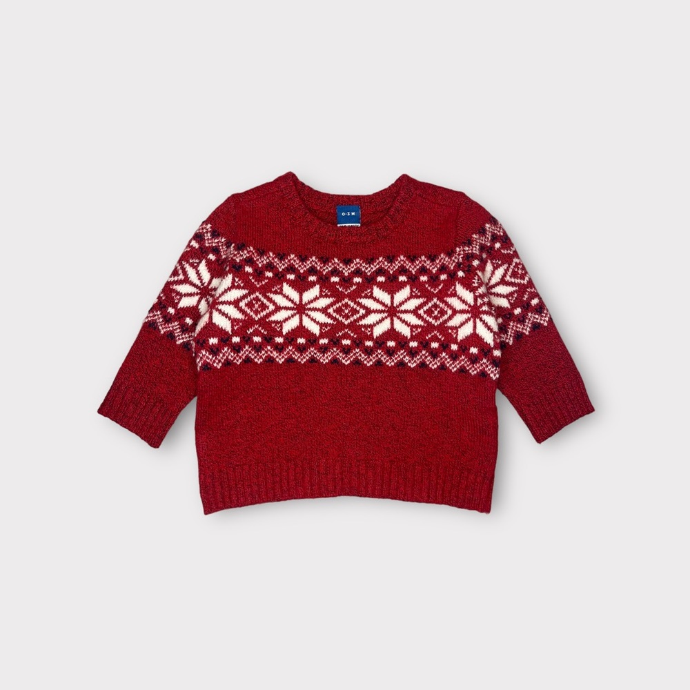Old Navy Fair Isle Holiday Snow Pattern Red Knit Sweater